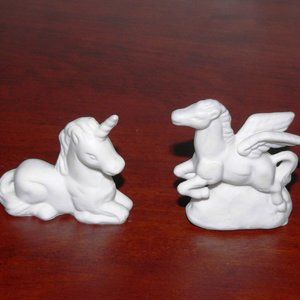 Two Vintage Miniature Bisque Horse Figurines Pegasus and Unicorn
